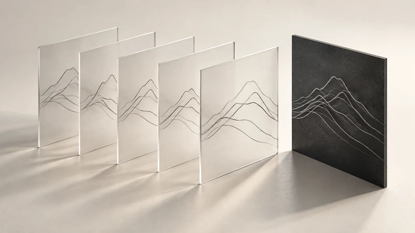 Translucent panels with slightly differing line patterns beside a dark reference panel, illustrating comparison across AI answers.