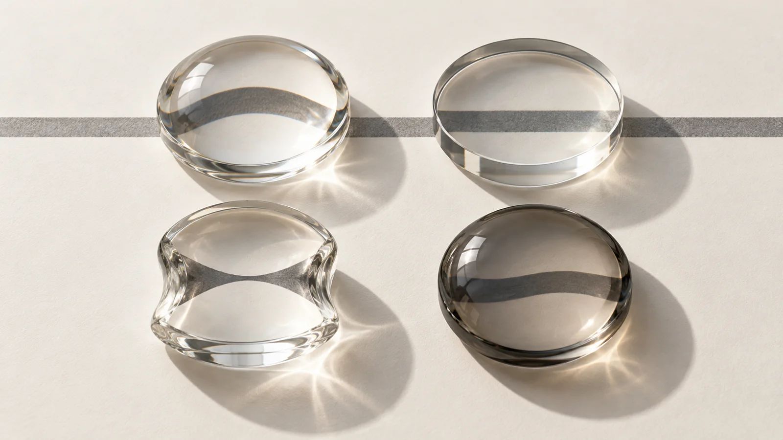 Four separate glass lenses refract a graphite stripe differently, illustrating distinct questions for patient trust research.